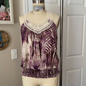 XHILIRATION Purple Tie Dye Crochet racerback Trim Smocked Tank Y2K *MEDIUM*